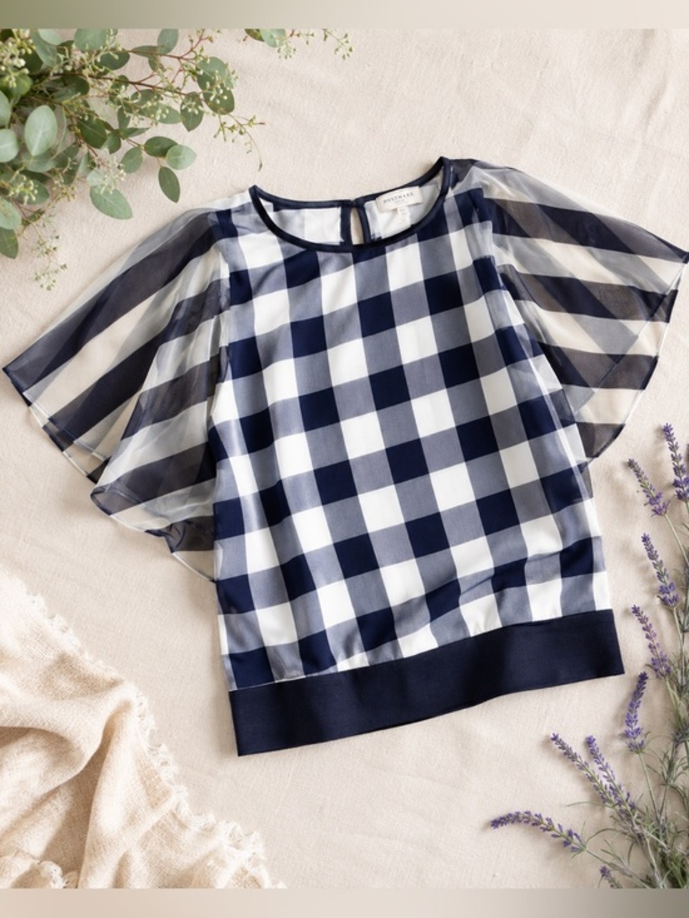 Anthropologie Postmark Elsie Gingham Blouse | Sheer Flutter Sleeve Top